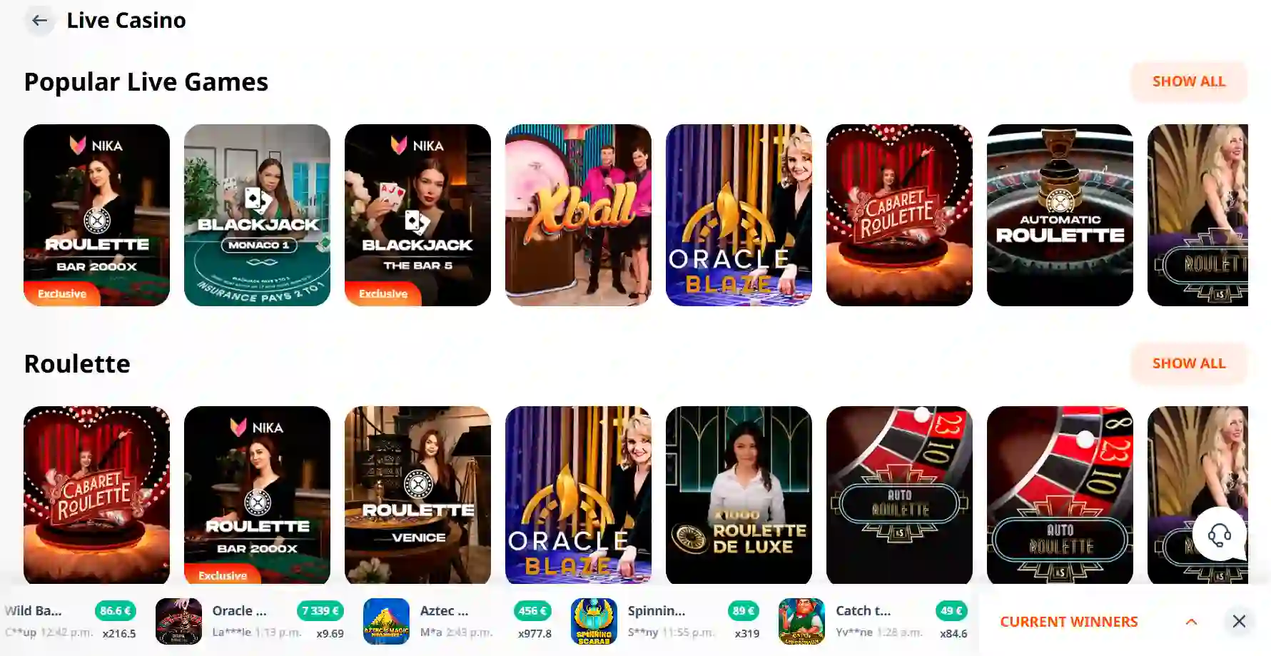 Current Nika Casino Live Casino navigation showing roulette, blackjack, poker and game shows