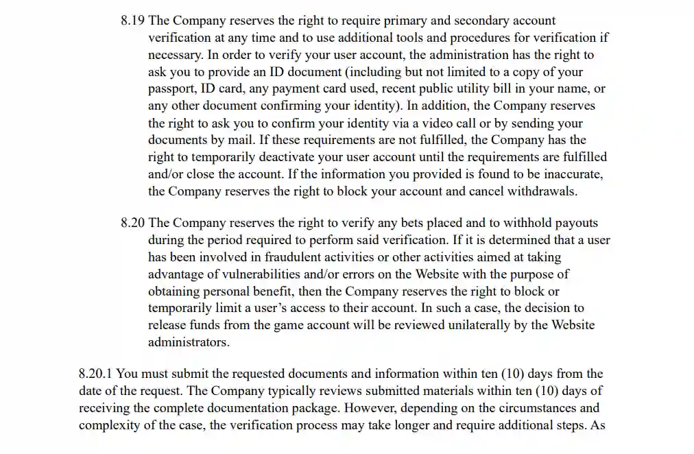 Current Nika Casino Terms showing KYC document requirements and typical verification review timing
