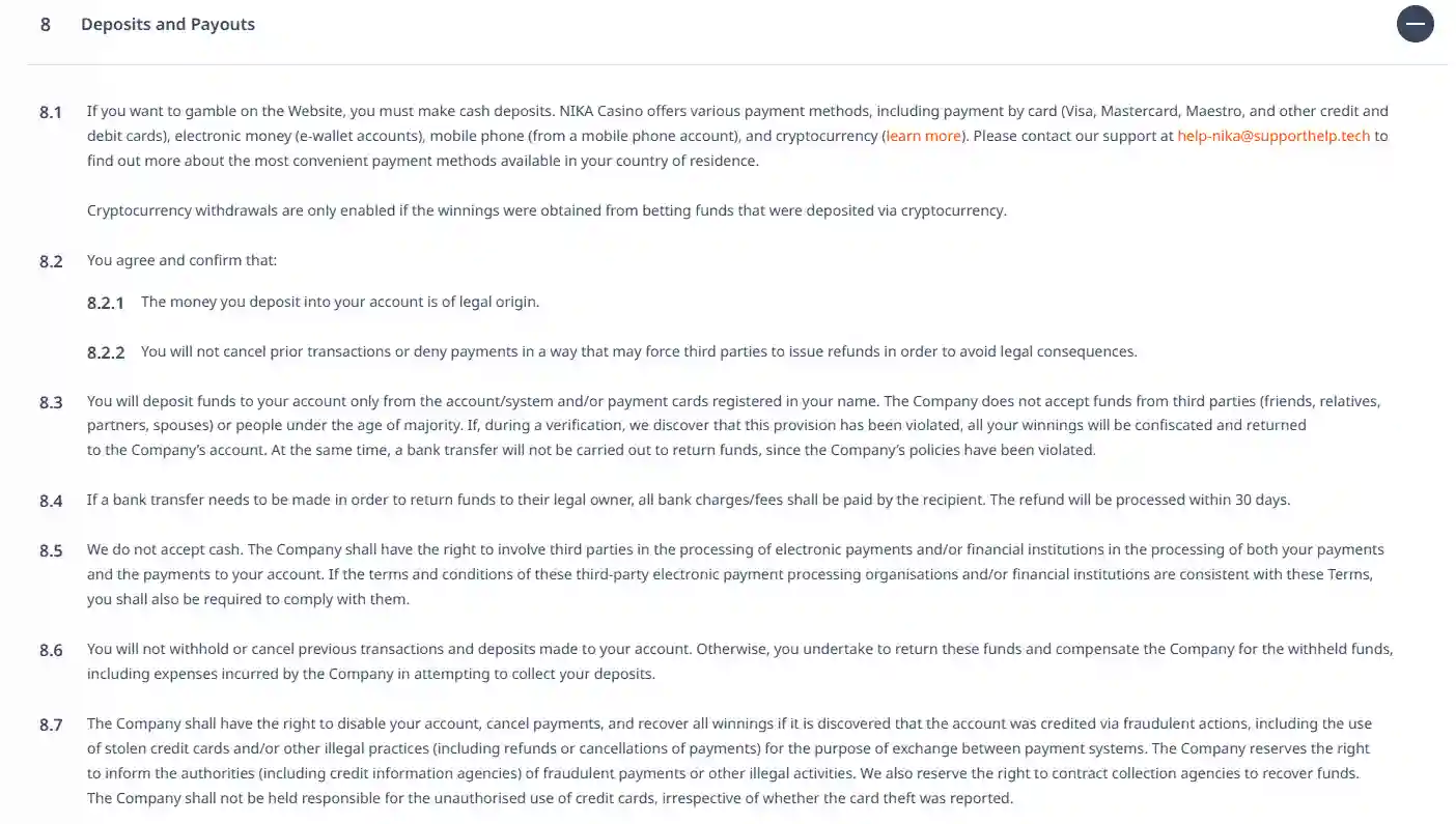 Current Nika Casino Terms Deposits and Payouts section describing card, e-wallet, mobile and cryptocurrency payments