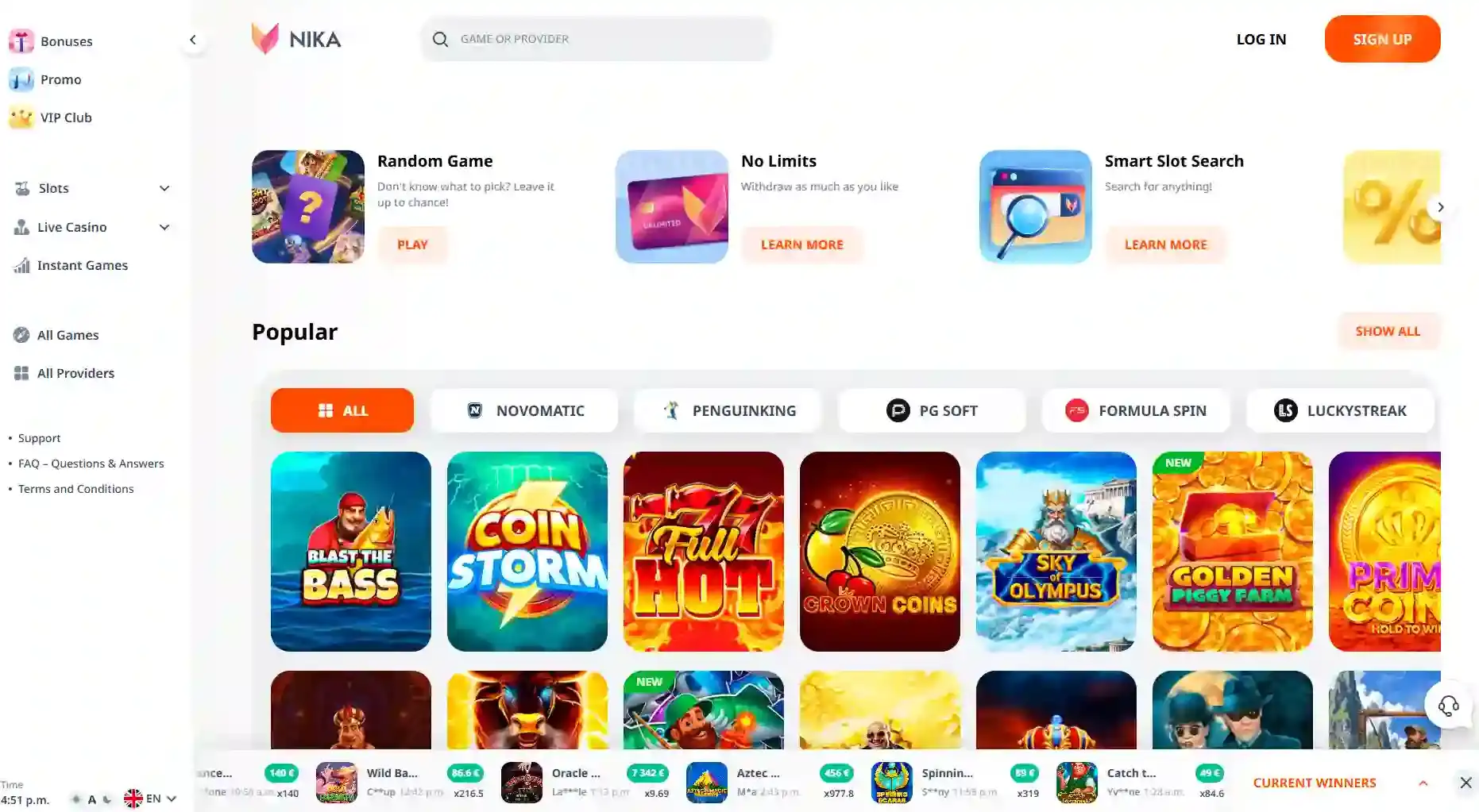 Official current view of the current Nika Casino homepage on nikacasino.com