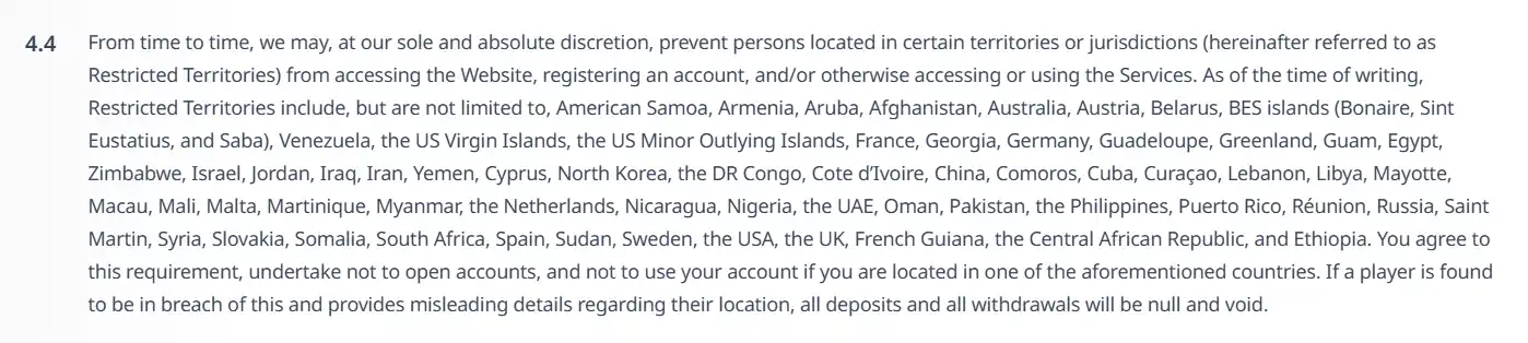 Official current view of Nika Casino Terms showing the UK in the Restricted Territories list